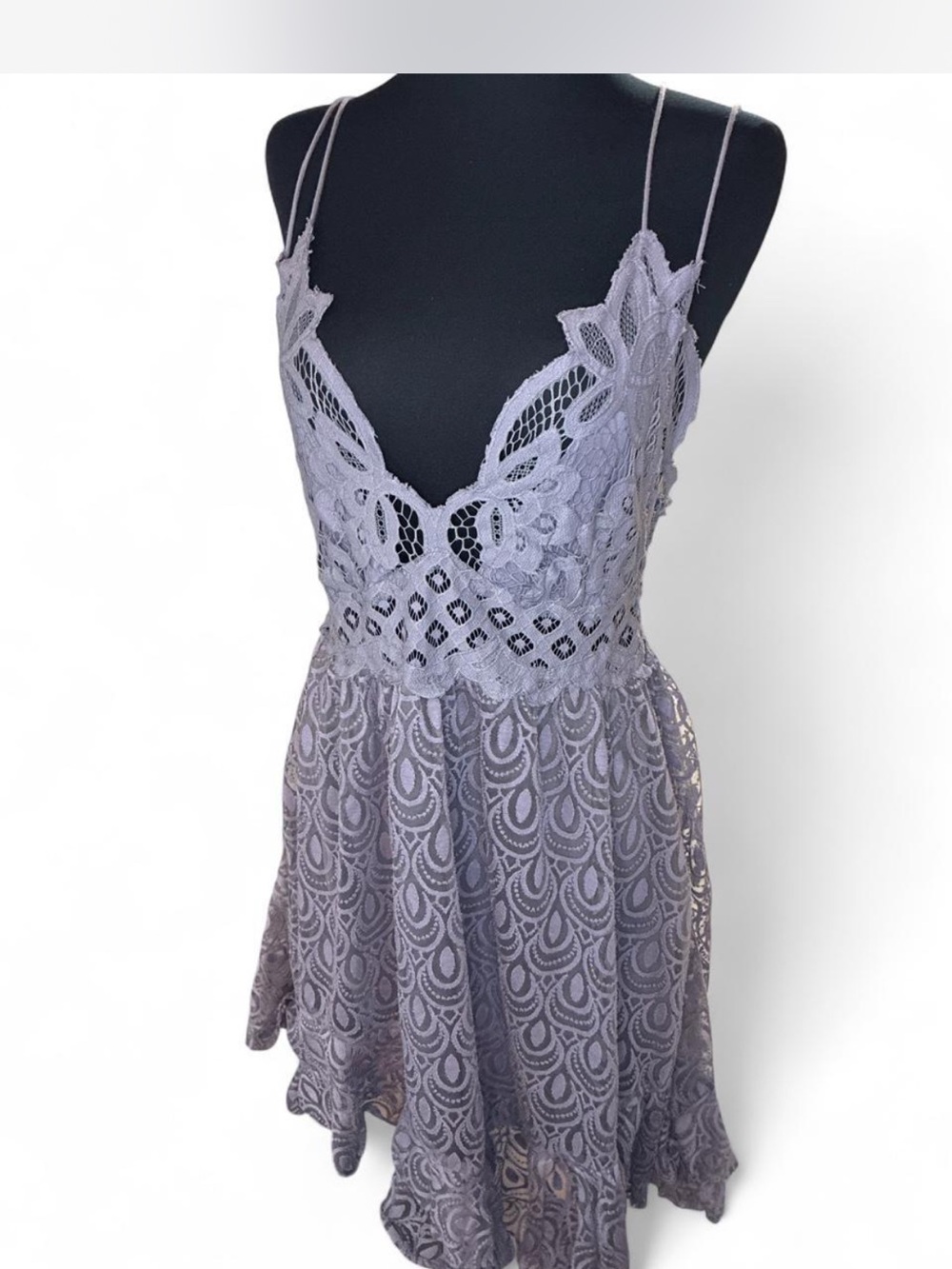 Free People Lace Crochet Mini Dress in Lavender Gray